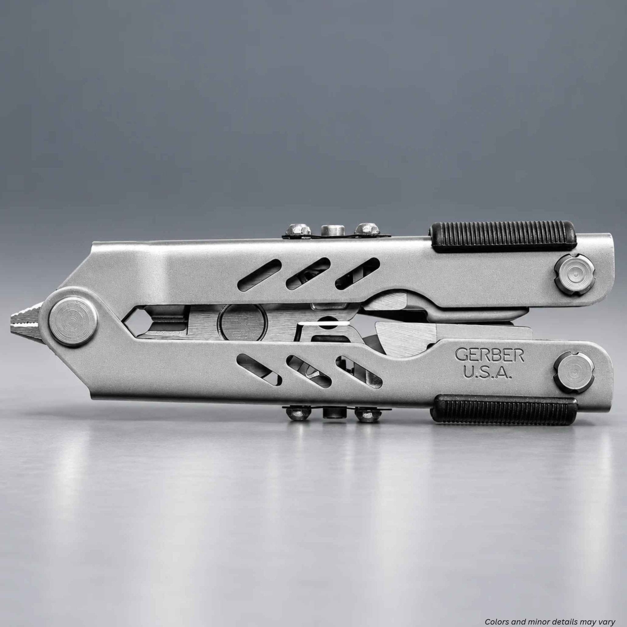 Stainless Gerber Multi-Plier 600 Needlenose closed with Gerber U.S.A. stamped on the handle