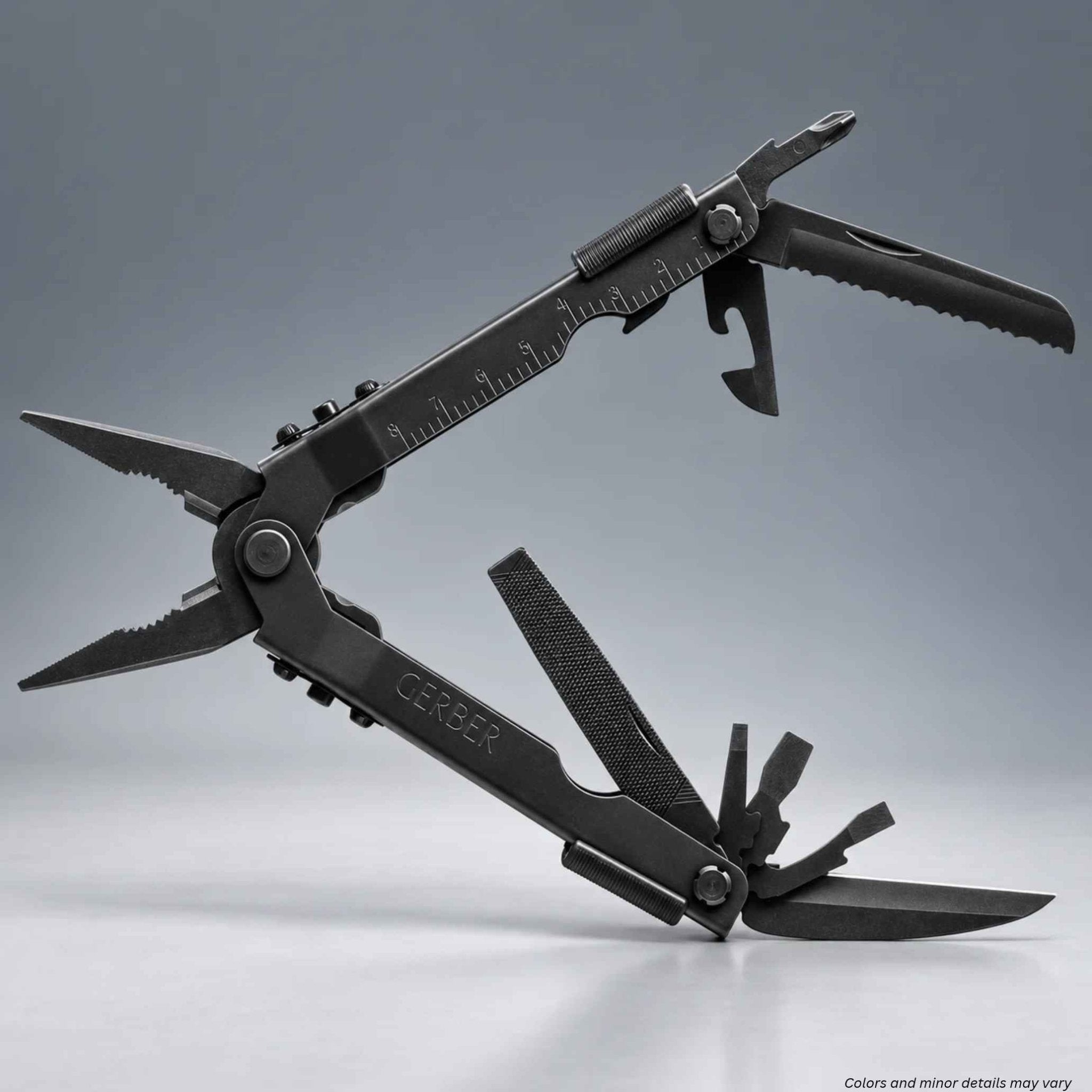 Black Gerber Multi-Plier 600 Needlenose open showing serrated blade, plain blade, file, and drivers