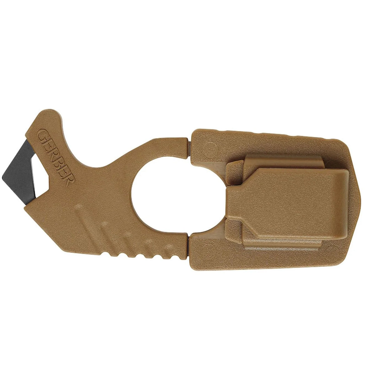 Gerber Strap Cutter in Coyote Brown beside its molded sheath with mounting clip