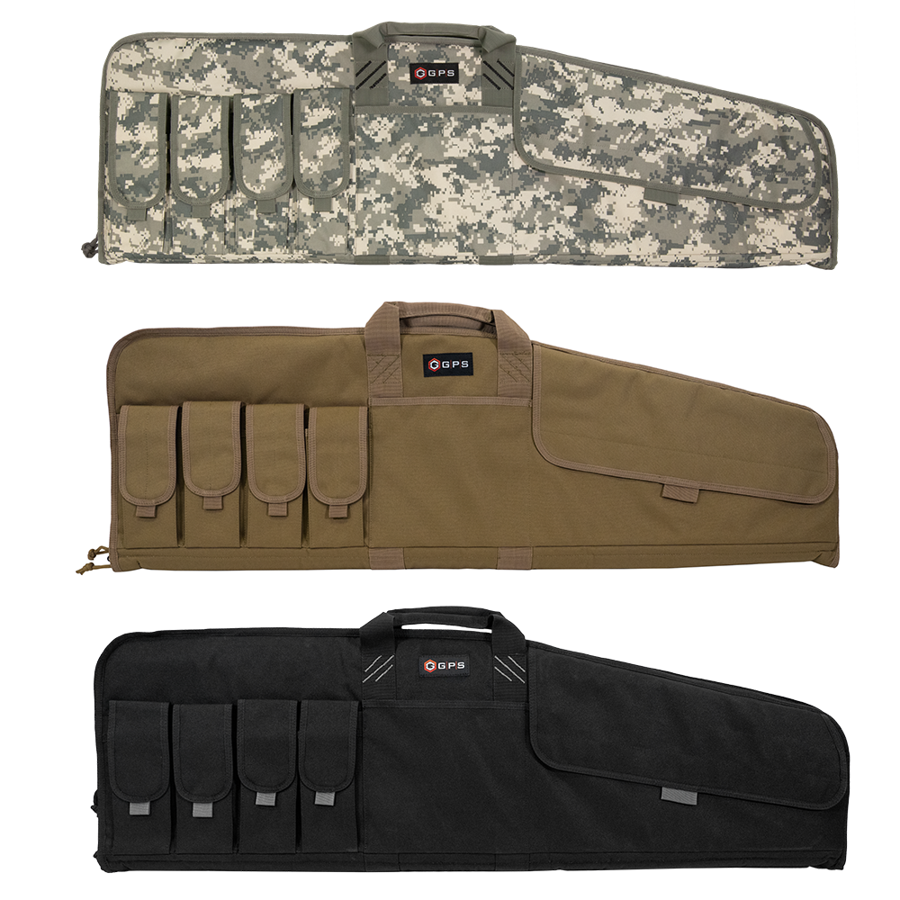 GPS Outdoors SRC42 42-inch rifle cases in black, tan, and gray digital camo, all three colors shown