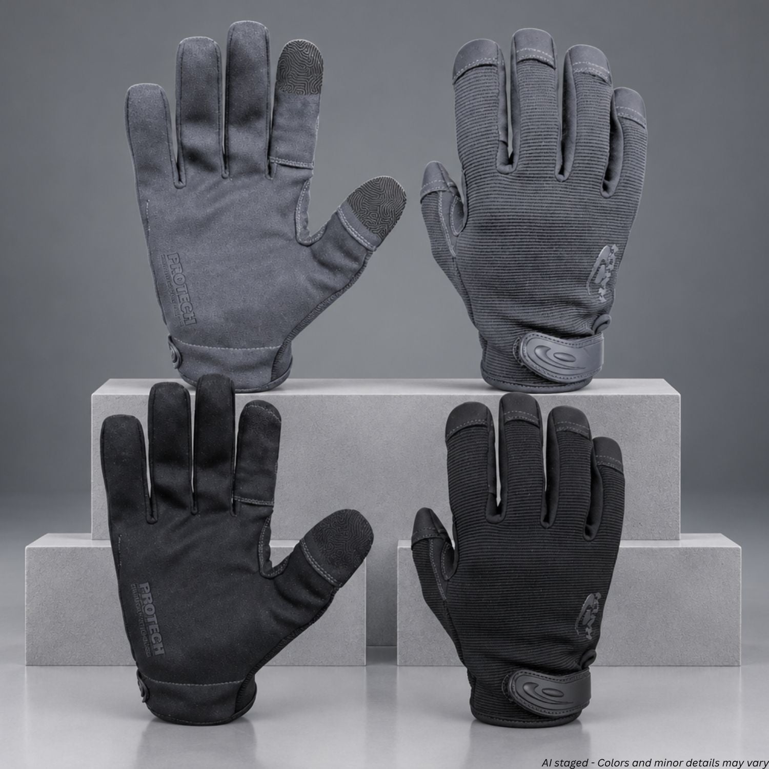 Four gray and black touchscreen work gloves arranged on light gray display blocks against a neutral gray studio background. Two gloves are shown palm-up and two are shown palm-down to display both sides.