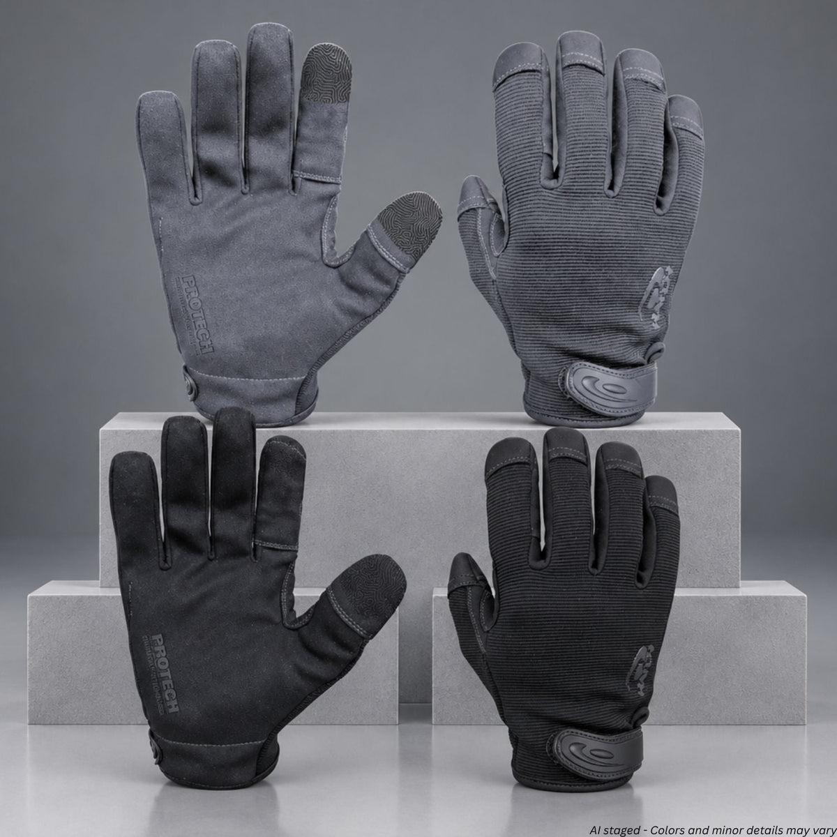 Four gray and black touchscreen work gloves arranged on light gray display blocks against a neutral gray studio background. Two gloves are shown palm-up and two are shown palm-down to display both sides.