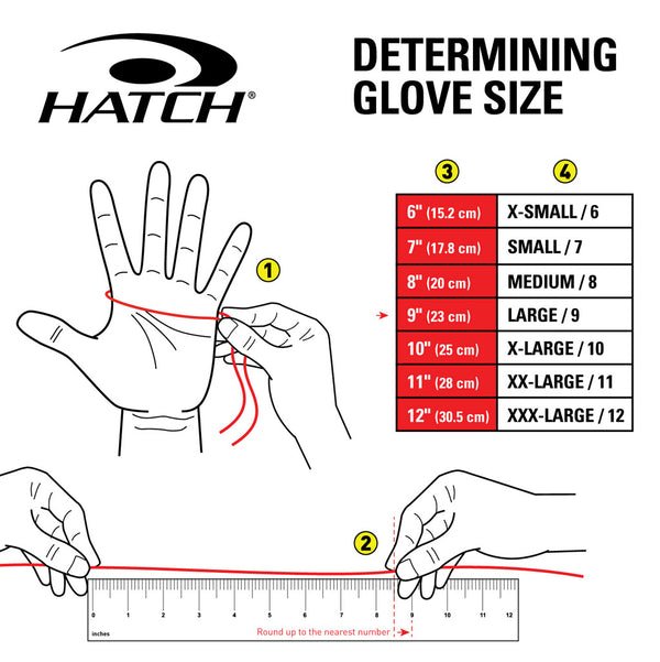 Hatch glove size determination chart with hand measurement illustration