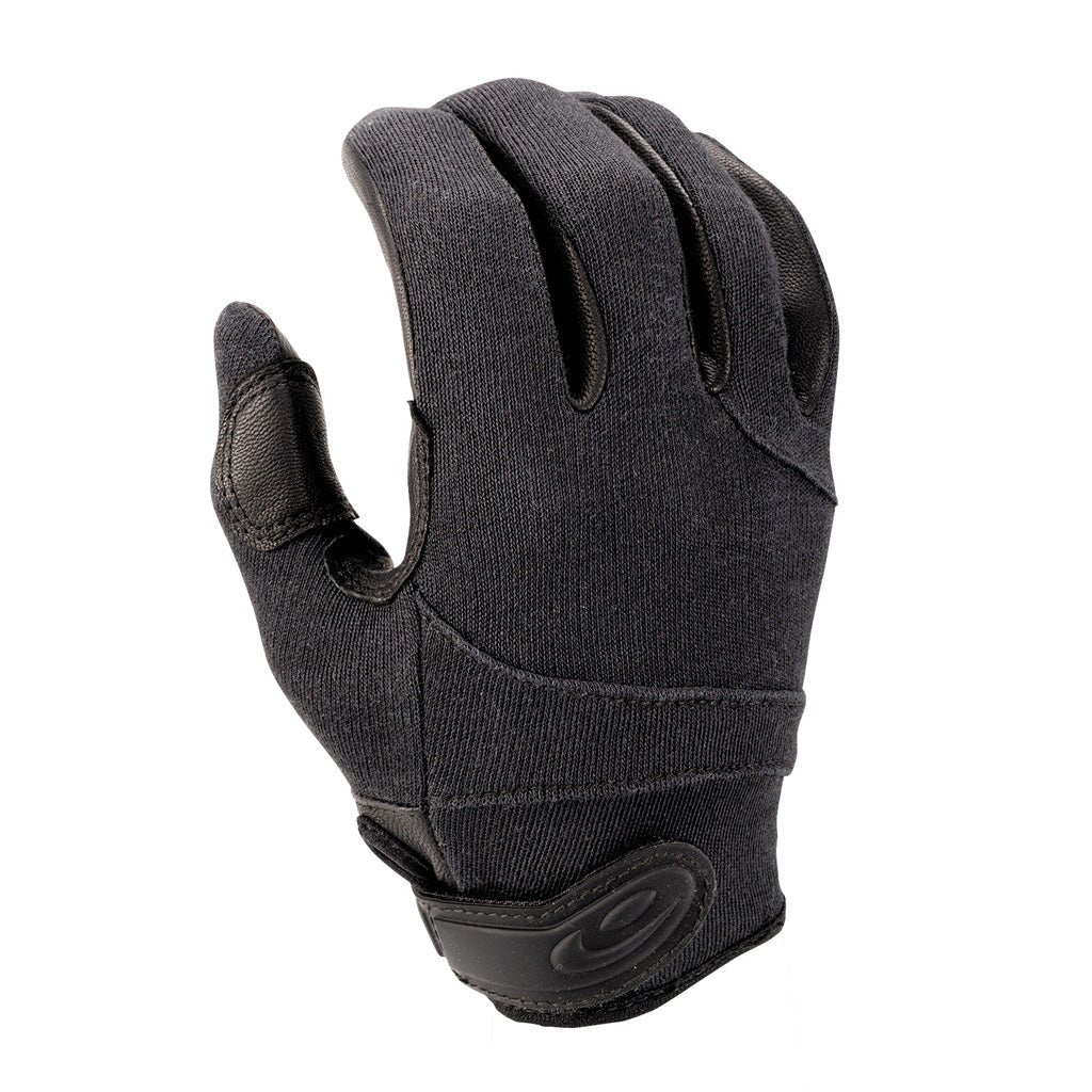 Back of hand on the Hatch Street Guard FR glove with Kevlar shell and hook and loop wrist strap