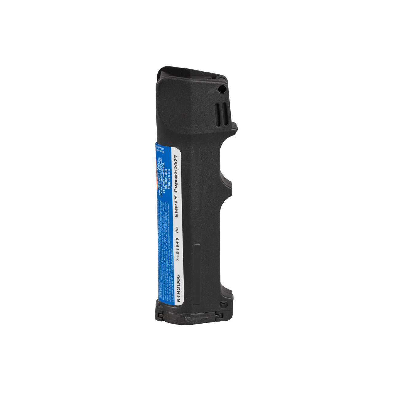 Black pepper spray canister with blue label on a white background