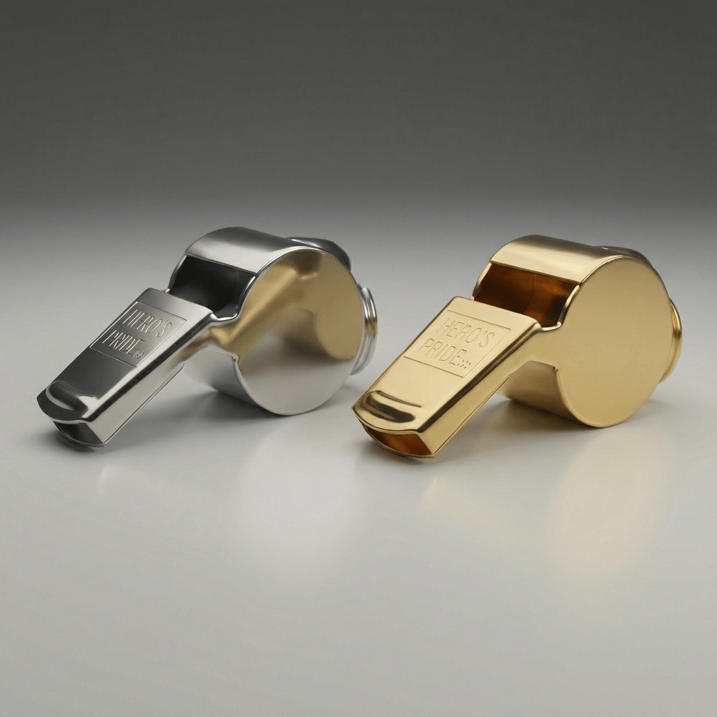 Silver and gold police whistles on a gray background