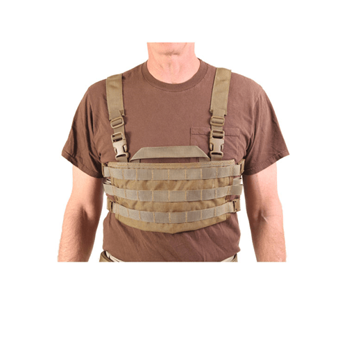 High Speed Gear AO Chest Rig worn by a model, featuring PALS webbing and adjustable H Harness for support.
