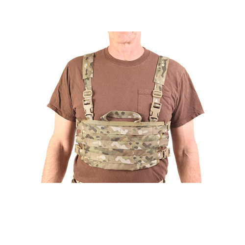 High Speed Gear AO Chest Rig worn by a person, showcasing its camo design and adjustable harness system.