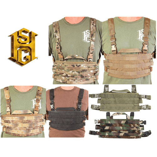 High Speed Gear AO Chest Rig variations in camo and solid colors, showcasing harness designs and PALS webbing for tactical use.