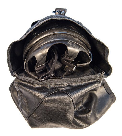High Speed Gear Gas Mask Pouch V2 in black, open to show a gas mask inside; gas mask not included