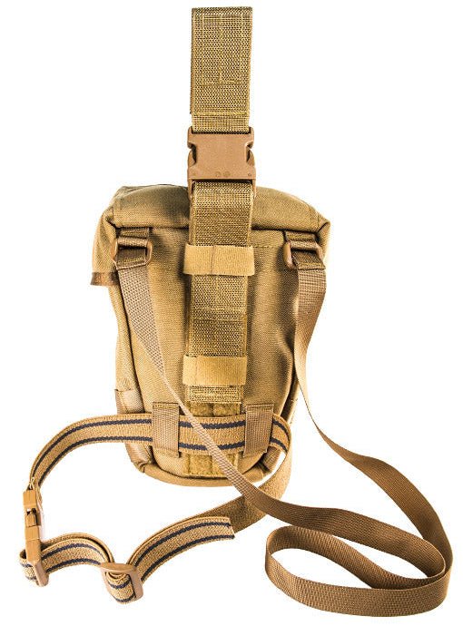 High Speed Gear Gas Mask Pouch V2 in Coyote Brown, rear view showing drop-leg attachment and removable shoulder strap