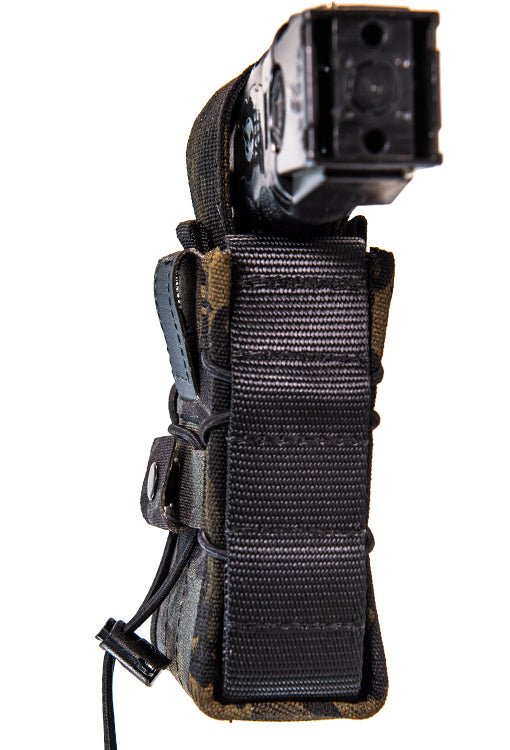 Black Taser holster with tactical strap on a white background