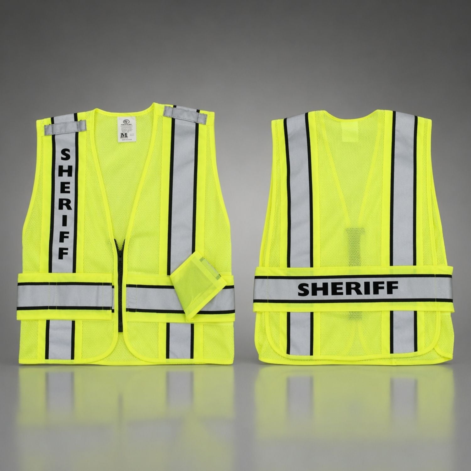 Yellow safety vest with 'SHERIFF' text on a gray background