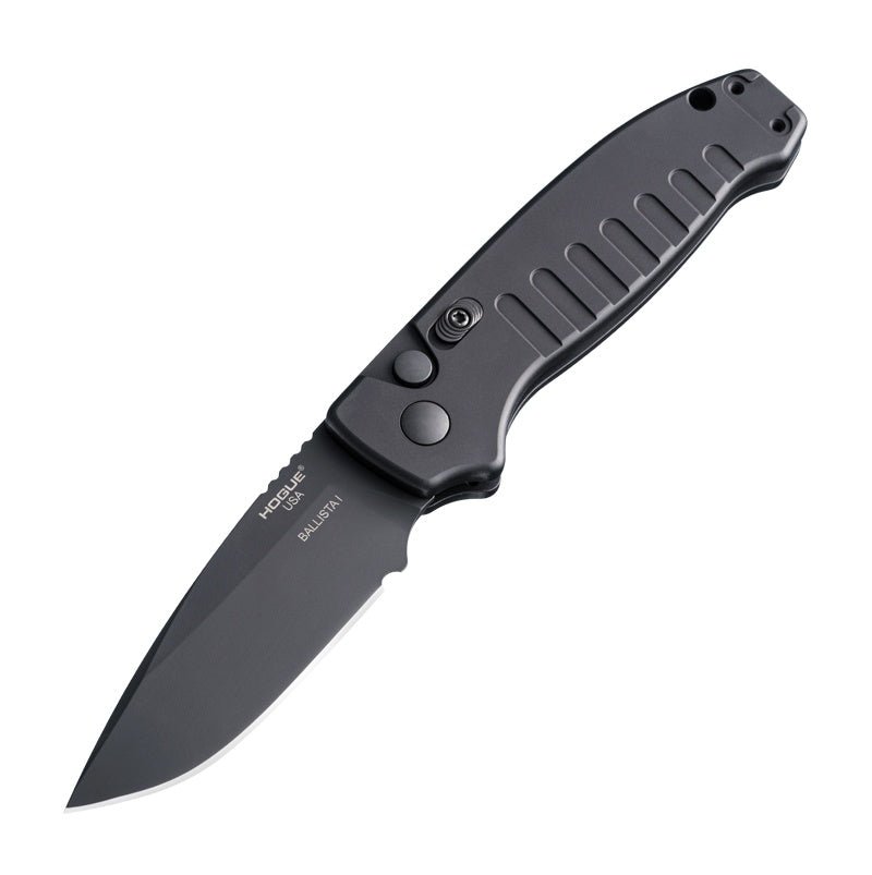 Hogue Ballista I 64130 with 3.5-inch black Cerakote drop point blade open, showing cutting edge and push button
