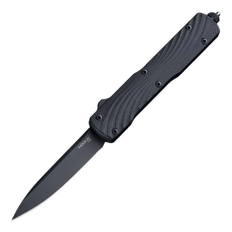 Hogue Counterstrike OTF knife with black G10 cover and 3.35" drop point blade, featuring a sleek design and ambidextrous trigger.