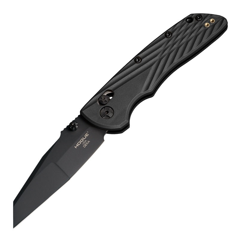 Hogue Deka 24366 EDC folding knife closed, black polymer handle with steel tip-up pocket clip