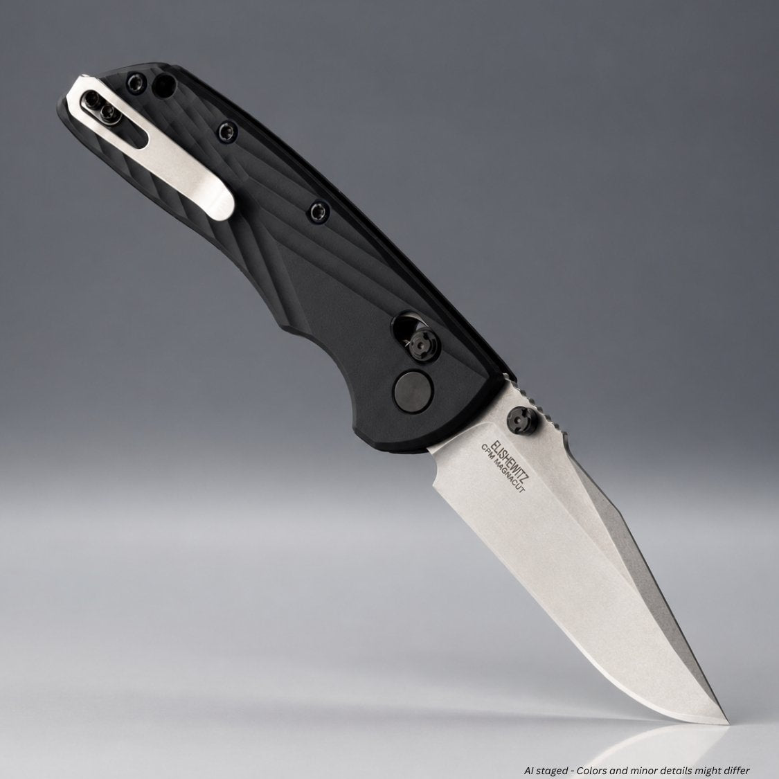 Hogue Deka 24379 folding knife with black polymer handle, closed profile clip point view