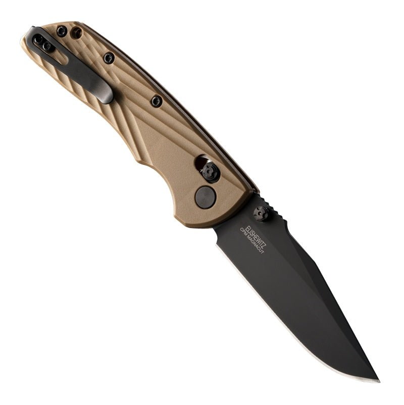 Folding knife with brown handle and black blade on a white background