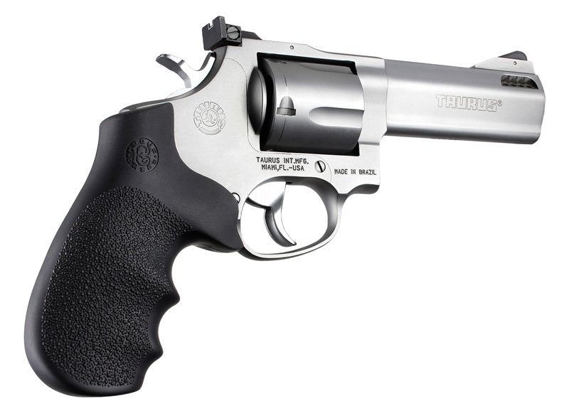 Right side of the black Hogue rubber Monogrip with finger grooves and Cobblestone texture on a Taurus revolver