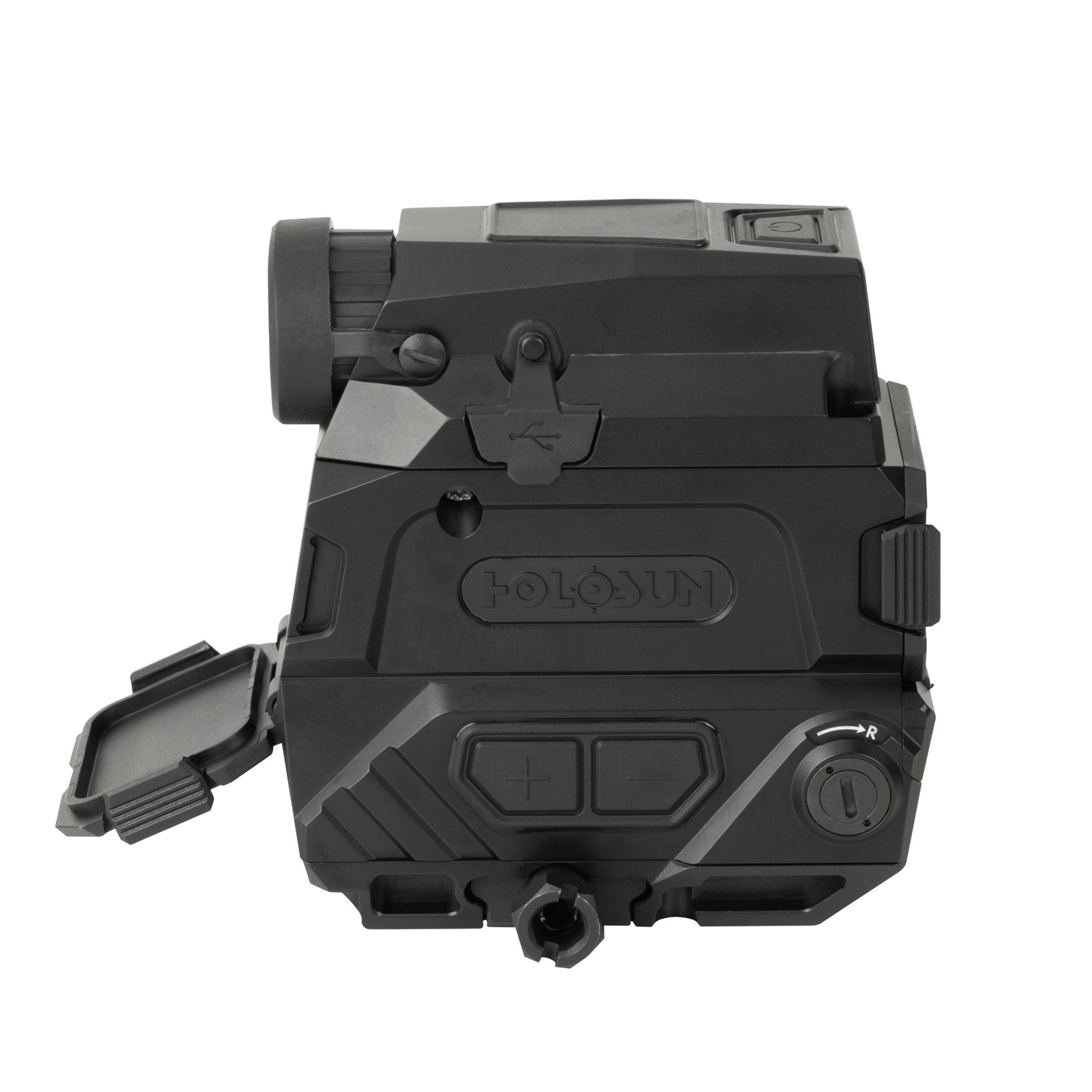 Holosun DRS-NV Digital Rifle Sight side view showcasing its features and controls for enhanced night vision shooting.