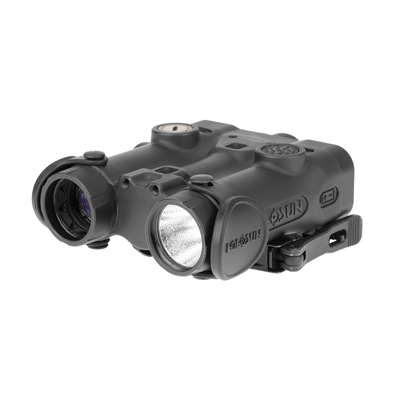 Holosun LE420-GR multi-laser aiming device with green laser, IR laser, and IR illuminator mounted, showcasing tactical design.