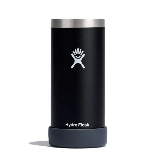 Hydro Flask 12 Oz Slim Cooler Cup in black, featuring a stainless steel design for hot and cold beverages with silicone collar.