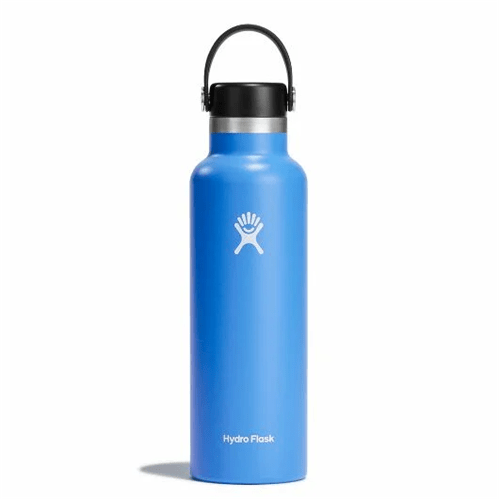 Hydro Flask 21 oz Standard Mouth in blue, stainless steel, insulated for hot and cold drinks, perfect for outdoor activities.