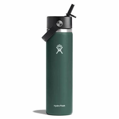 Hydro Flask 24 oz Wide Mouth water bottle with Flex Straw Cap in green, designed for easy sipping and maximum cooling.