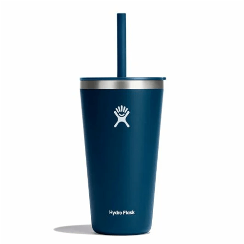 Hydro Flask 28 oz All Around Tumbler with Straw Lid in deep blue, perfect for keeping drinks cold and easy to sip on the go.