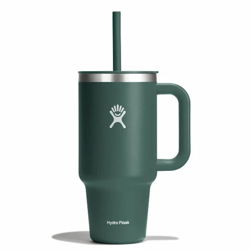 Hydro Flask 32 oz Travel Tumbler in green with straw and durable handle, featuring TempShield insulation for cold drinks.
