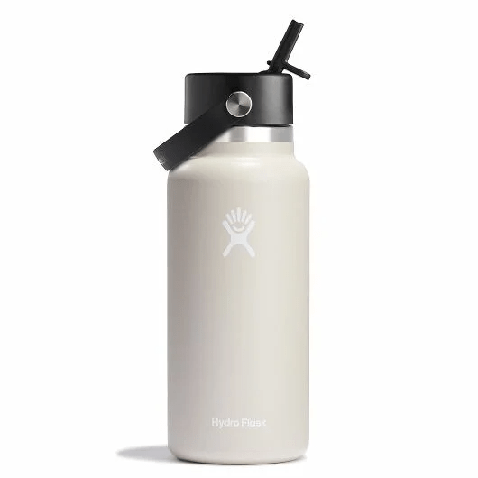 Hydro Flask 32 oz wide mouth water bottle with leakproof Flex Straw Cap in a sleek design, keeping drinks cold for 24 hours.