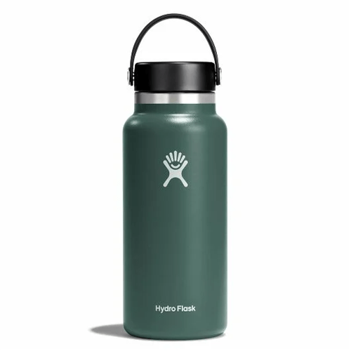 Hydro Flask 32 oz Wide Mouth water bottle in dark green, insulated, stainless steel, ideal for hot and cold beverages.