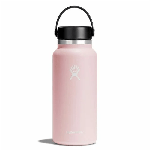 Hydro Flask 32 oz Wide Mouth water bottle in pink, stainless steel, insulated, refillable, and leakproof design.