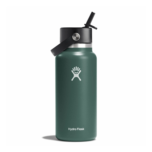 Hydro Flask 32 oz Wide Mouth water bottle in green with Flex Straw Cap, ideal for cold beverages and outdoor activities.