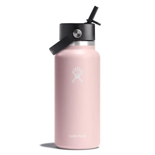 Hydro Flask 32 oz Wide Mouth water bottle in pink with Flex Straw Cap, designed for easy sipping and long-lasting cold beverages.