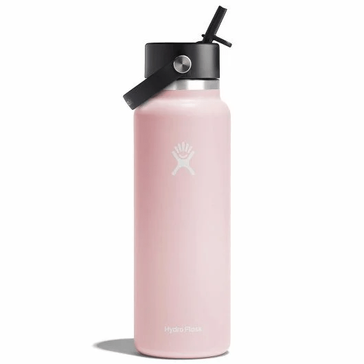 Hydro Flask 40 oz Wide Mouth water bottle in pastel pink with a leakproof Flex Straw Cap. Perfect for keeping drinks cold.