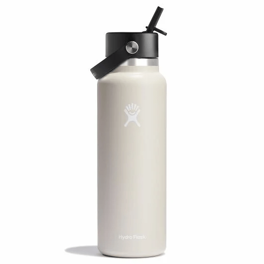 Hydro Flask 40 oz wide mouth water bottle with leakproof Flex Straw Cap, perfect for cold drinks and easy sipping.