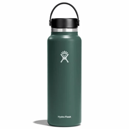 Hydro Flask 40 oz Wide Mouth stainless steel water bottle in green, insulated for cold drinks up to 24 hours and hot drinks up to 12 hours.