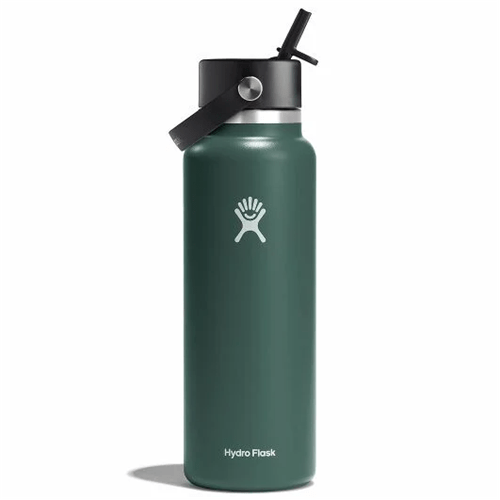 Hydro Flask 42 oz Wide Mouth water bottle in green with Flex Straw Cap for easy sipping and insulation.