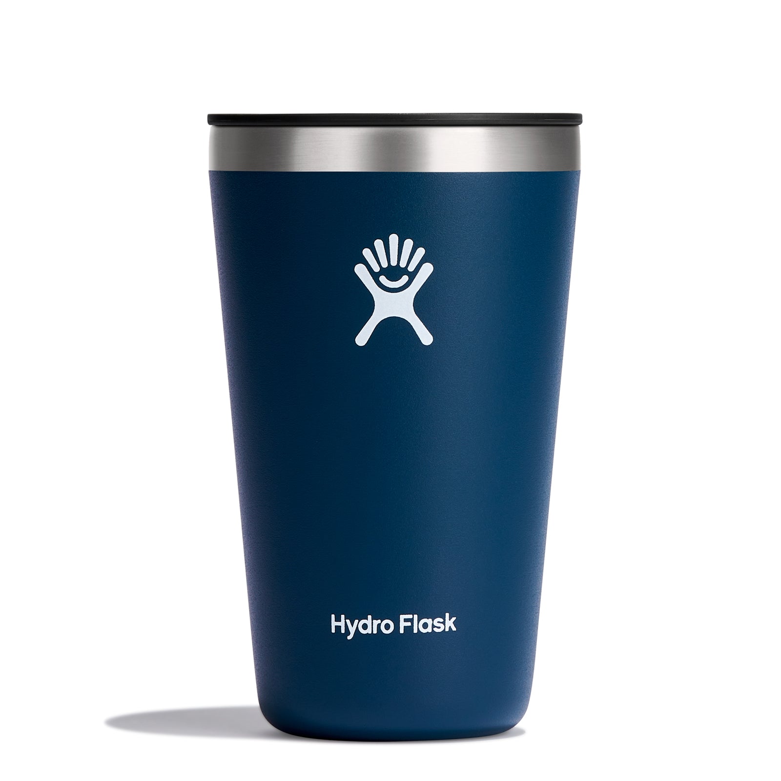 Hydro Flask All Around Insulated Tumbler in navy with stainless steel lid, perfect for hot or cold beverages.