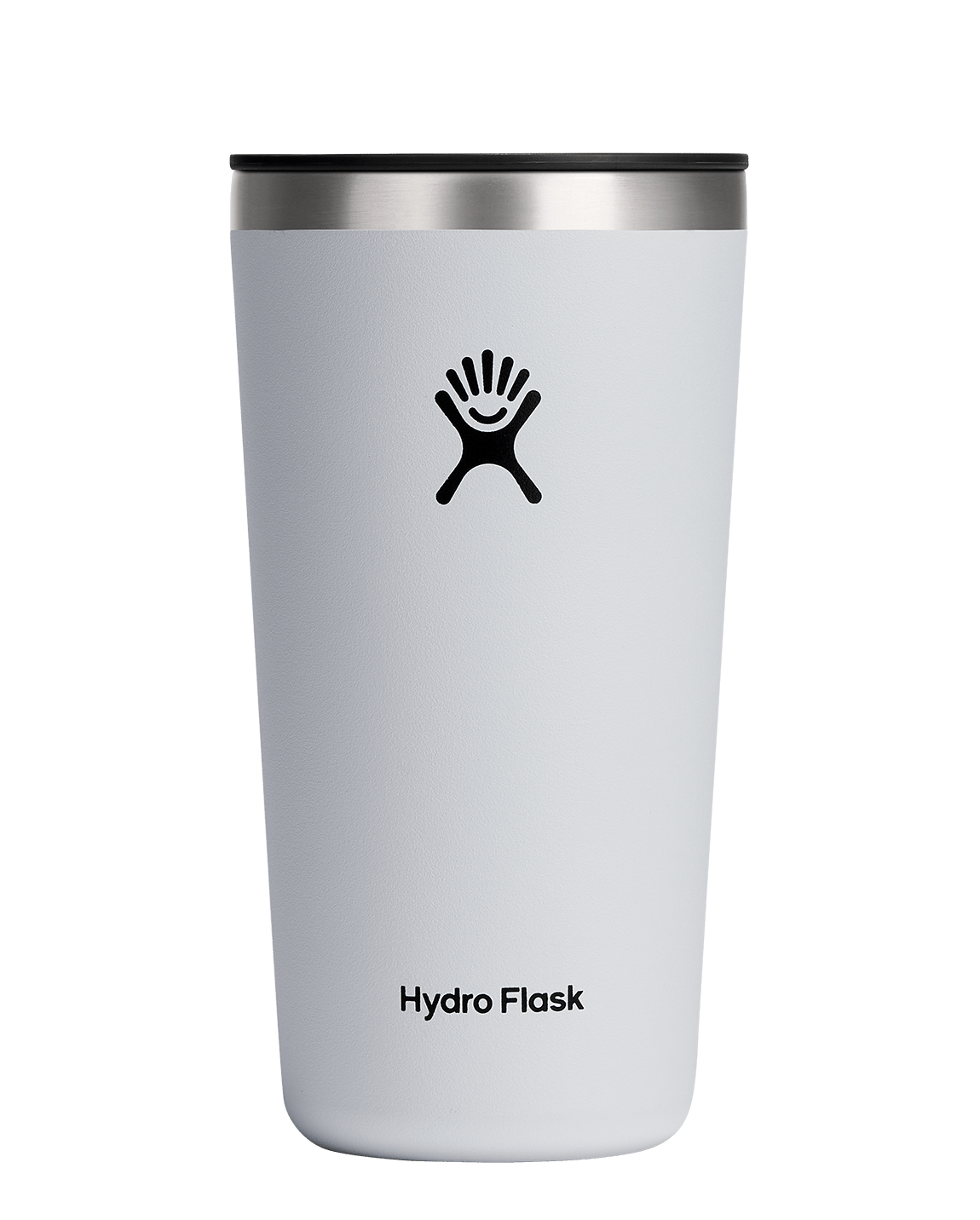Hydro Flask All Around Insulated Tumbler in light gray with stainless steel lid, perfect for hot or cold beverages.