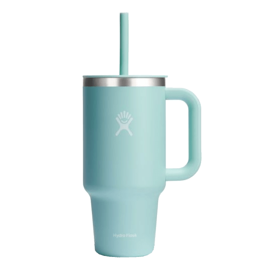 Hydro Flask All Around Travel Tumbler in mint green with a handle and flexible straw for easy hydration on the go.