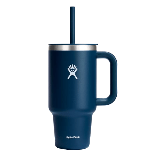 Hydro Flask All Around Travel Tumbler in navy blue with handle and straw, perfect for hydration on the go.