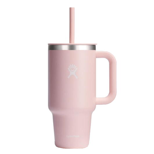 Hydro Flask All Around Travel Tumbler in pink with a straw and comfortable handle, perfect for on-the-go hydration.