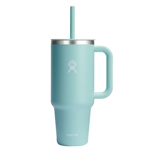 Hydro Flask All Around Travel Tumbler in aqua with a handle and flexible straw, designed for easy hydration on the go.