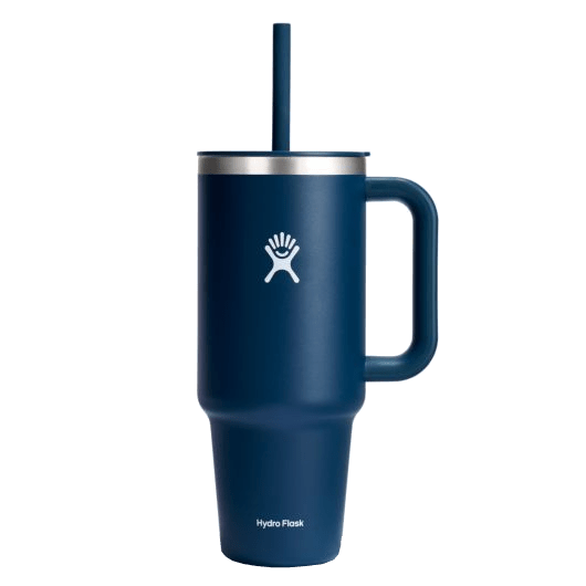 Hydro Flask All Around Travel Tumbler in navy blue with straw and durable handle for on-the-go hydration.