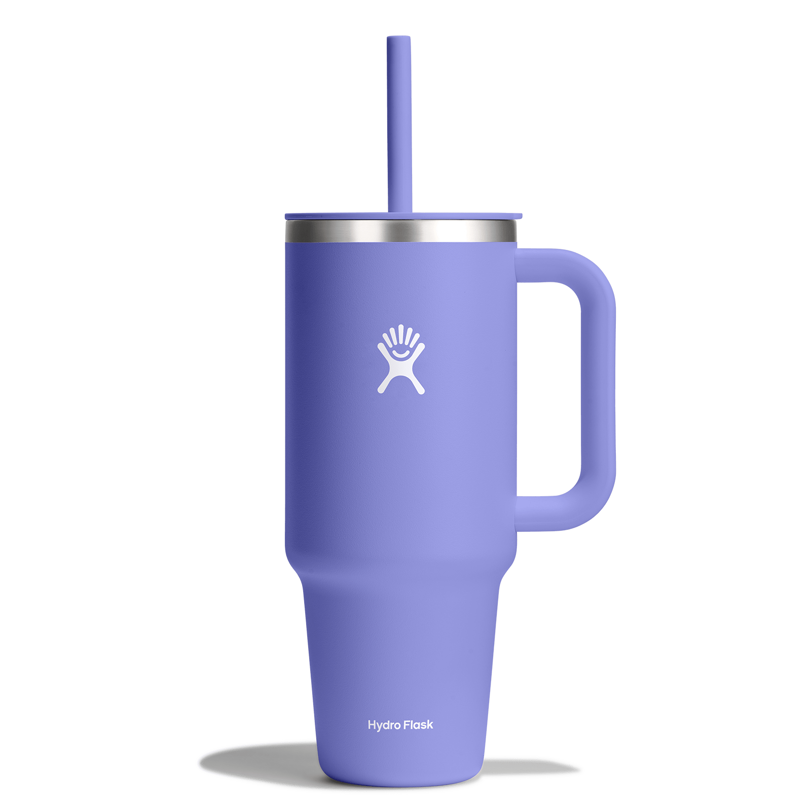 Hydro Flask All Around Travel Tumbler in lavender with durable handle and flexible straw for on-the-go hydration.