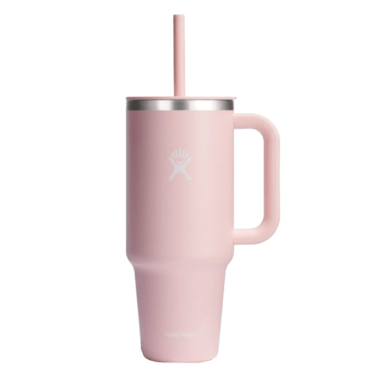 Hydro Flask All Around Travel Tumbler in soft pink with a straw and durable handle, perfect for hydration on the go.