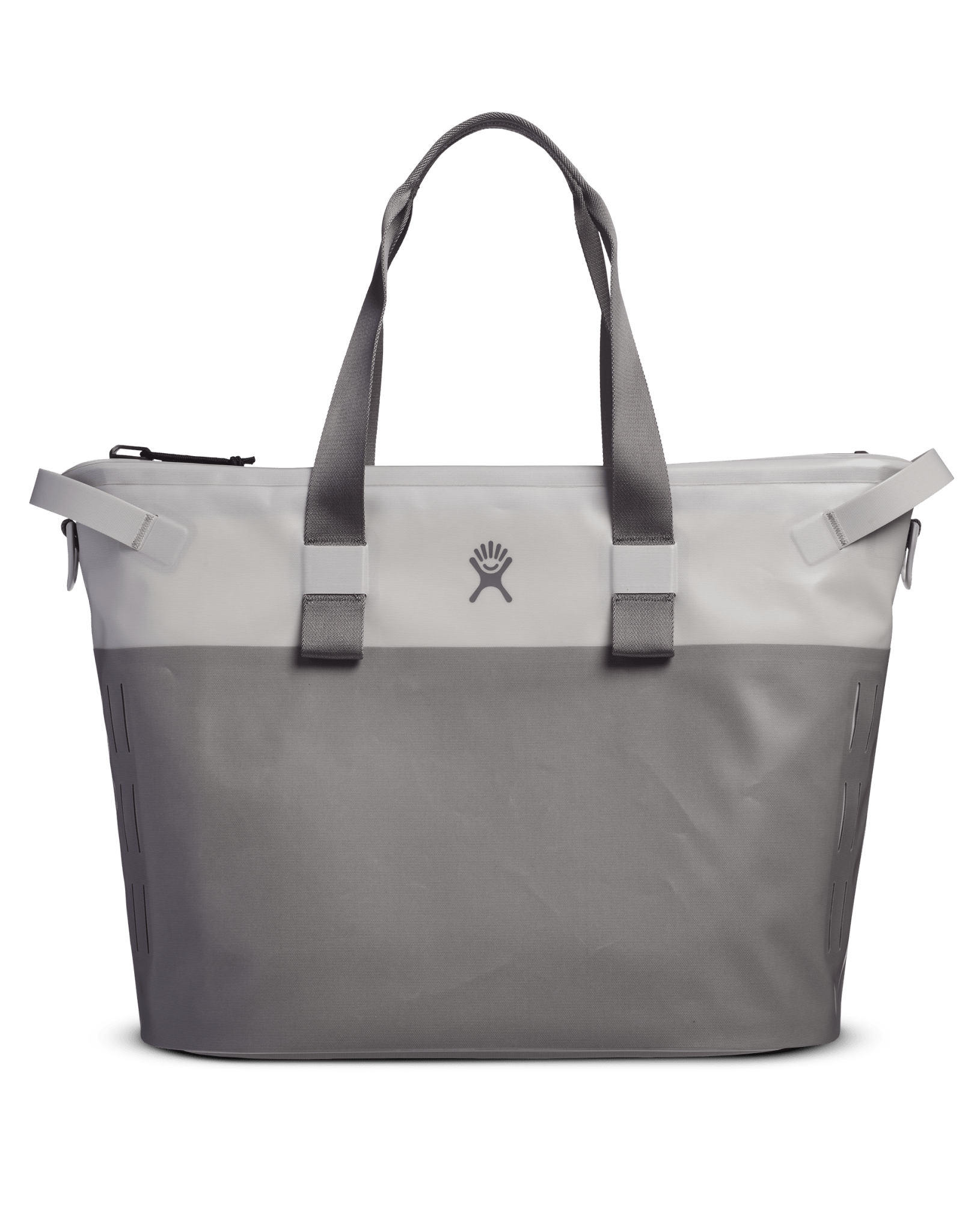 Hydro Flask Day Escape Soft Cooler Tote in gray, designed for leakproof food and drink transport, perfect for camping.