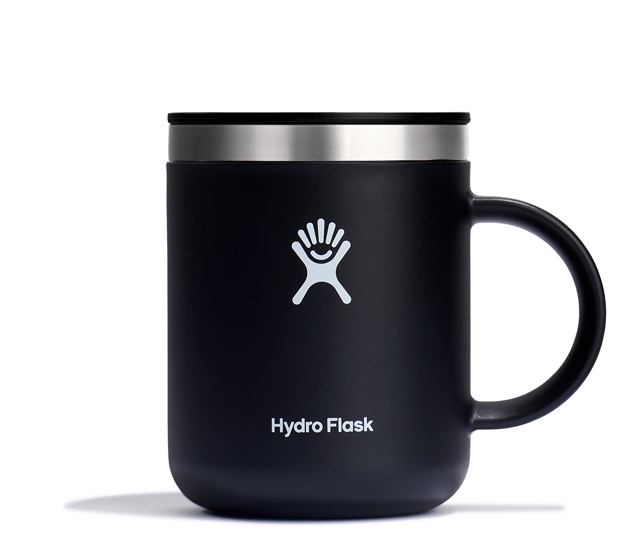 Hydro Flask Insulated Mug in black with stainless steel lid, showcasing stylish design and durable, BPA-free material.